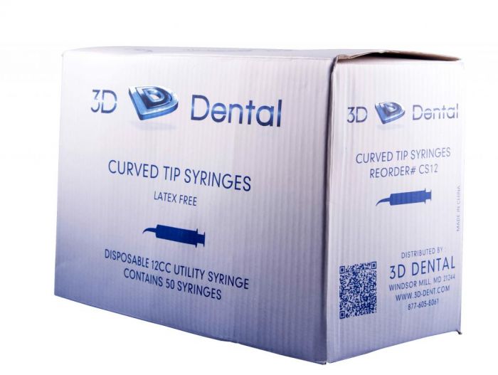 3D Dental 12cc Disposable Syringe with Tapered Curved Tip